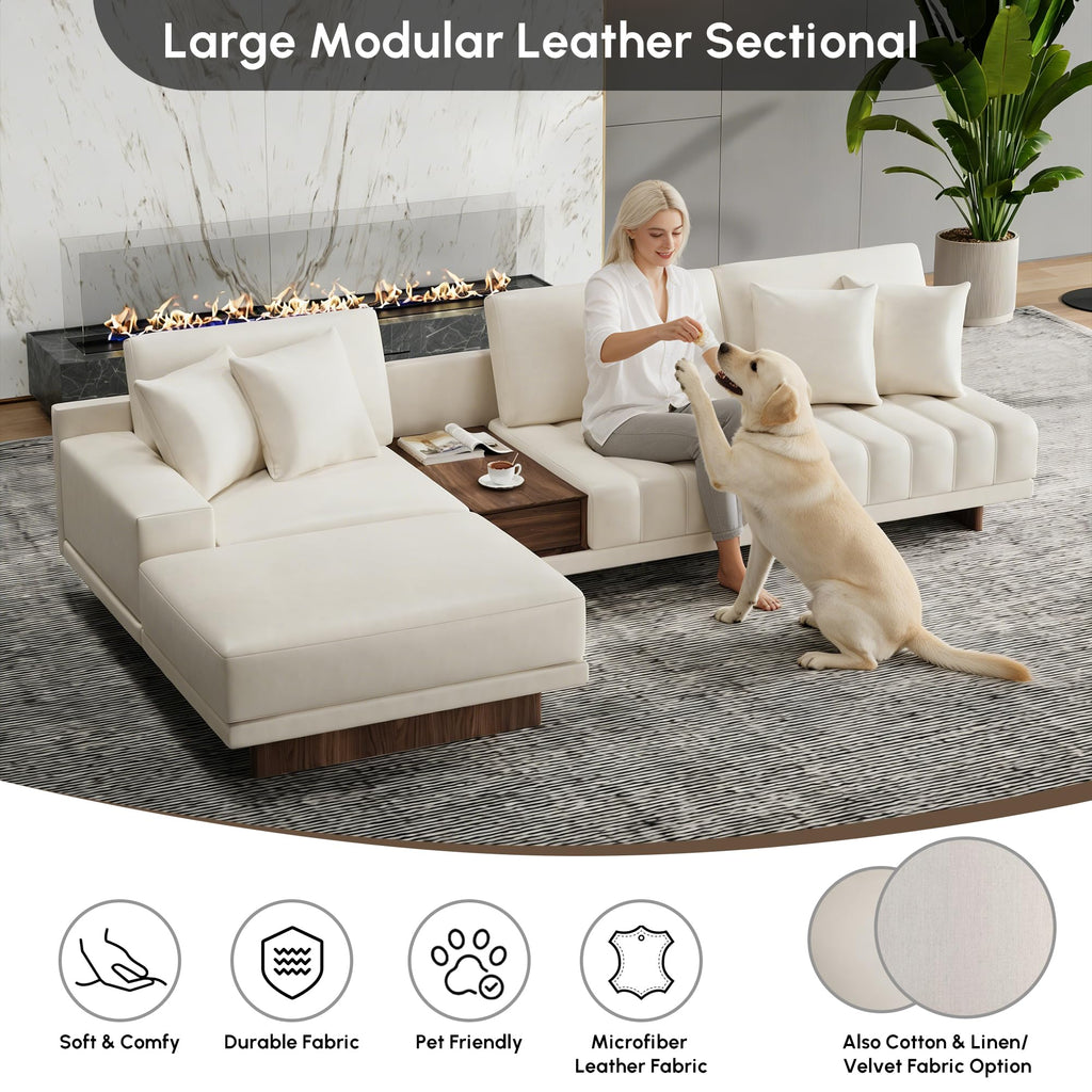 Leather Sectional Sofa - 126" Oversized L-Shaped Modular Couch with Storage Table & Ottoman, White Sofa for Modern