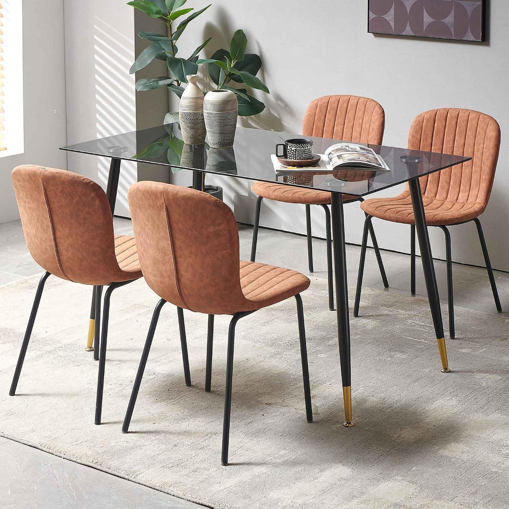 Dining Chair Set of 4, Upholstered PU Leather Seat with Black Metal Legs,Modern Comfortable Kitchen Chair, Curved