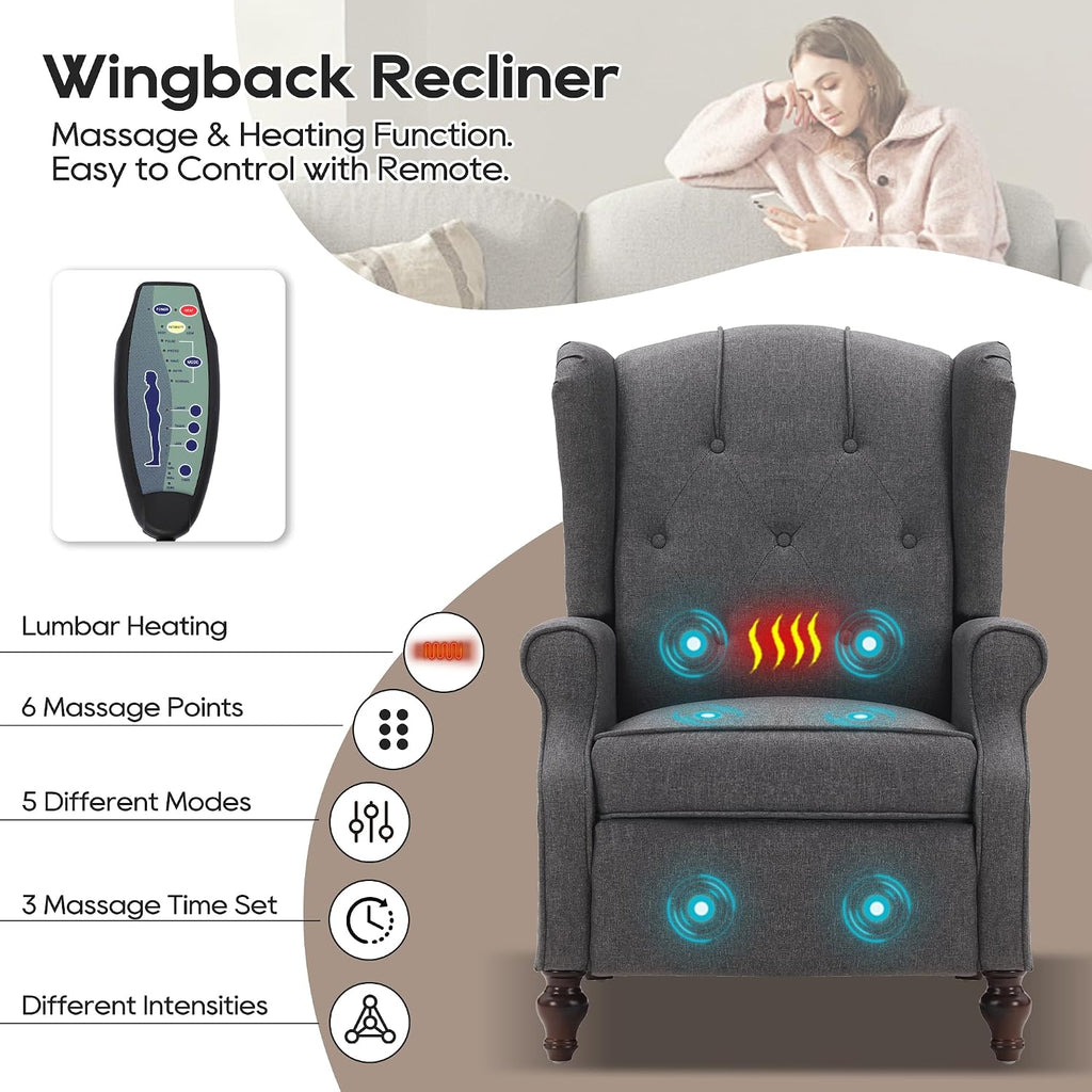 Wingback Recliner Chair with Massage and Heat, Wingback Recliner Tufted Fabric Push Back Recliner Chair , Vintage