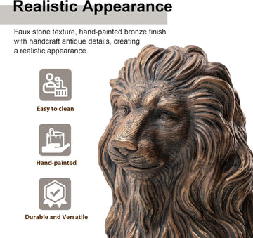 Bronze-Tone Lion Statue, 20.47 in Sitting Resin Garden Sculpture | Layered flowing mane, defined facial features