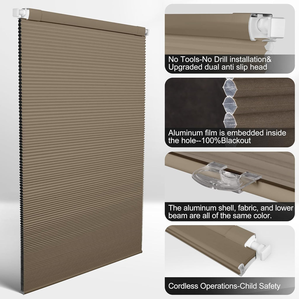 No Drill Blackout Cellular Shades,Brown,18" W x 36" H