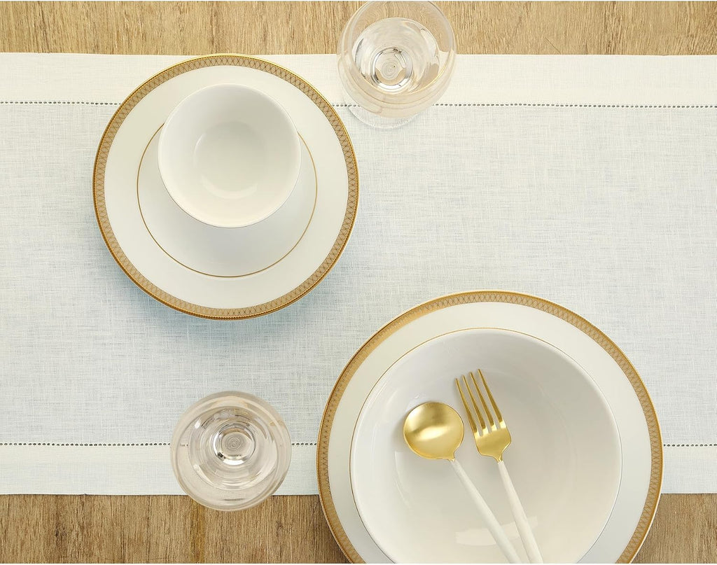 100% Linen Table Runner Ivory, Classic Hemstitch 14 x 108 in | Table Runners for 8-10 seater dining tables and