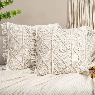 Macramé Pillow Cover- Set of 2 Boho Cushion Cover 100% Cotton Decorative Fringe Pillow Cover Boho Home Decor