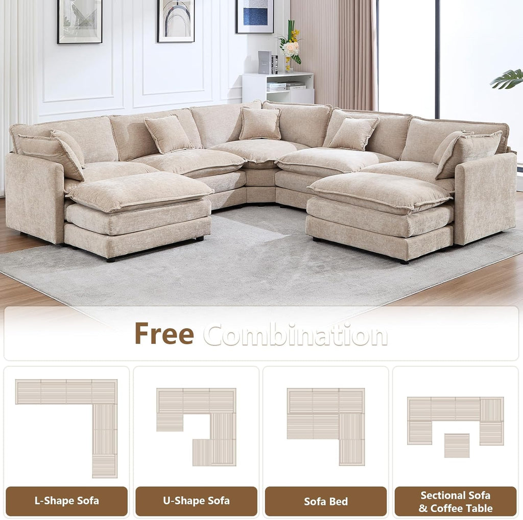 Cloud Couch Oversized Modular Sectional Sofa , Modern Chenille 7 Seater Corner Sofa with Deep Seat, Large U-Shaped