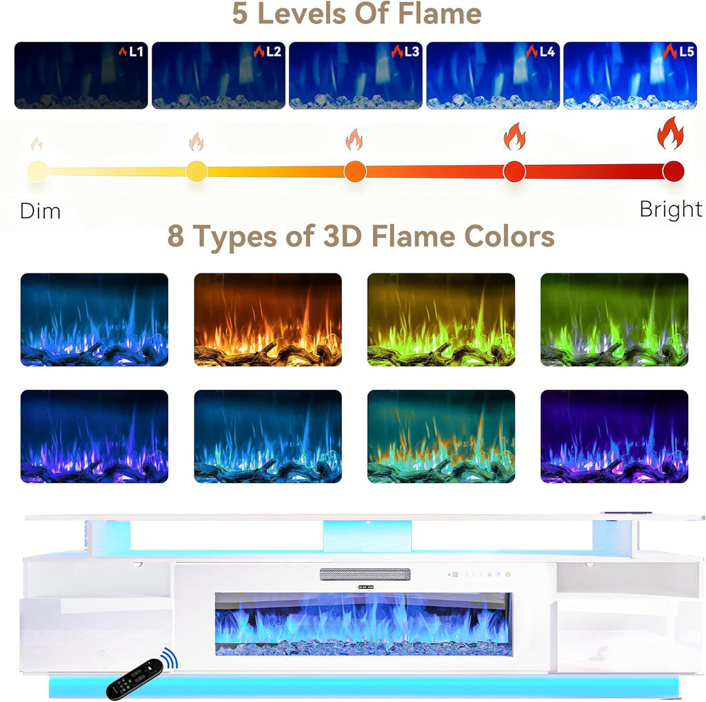 70" Fireplace TV Stand with 36" Electric Fireplace Entertainment Center with Charging Station and LED Light Console