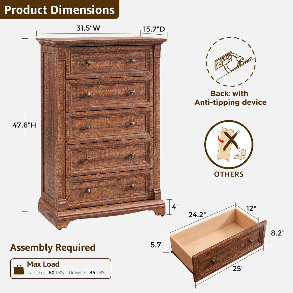 Farmhouse 5 Drawer Dresser , 47" Tall Wood Dresser with Ample Storage Space and Rustic Charm, Reclaimed Barnwood