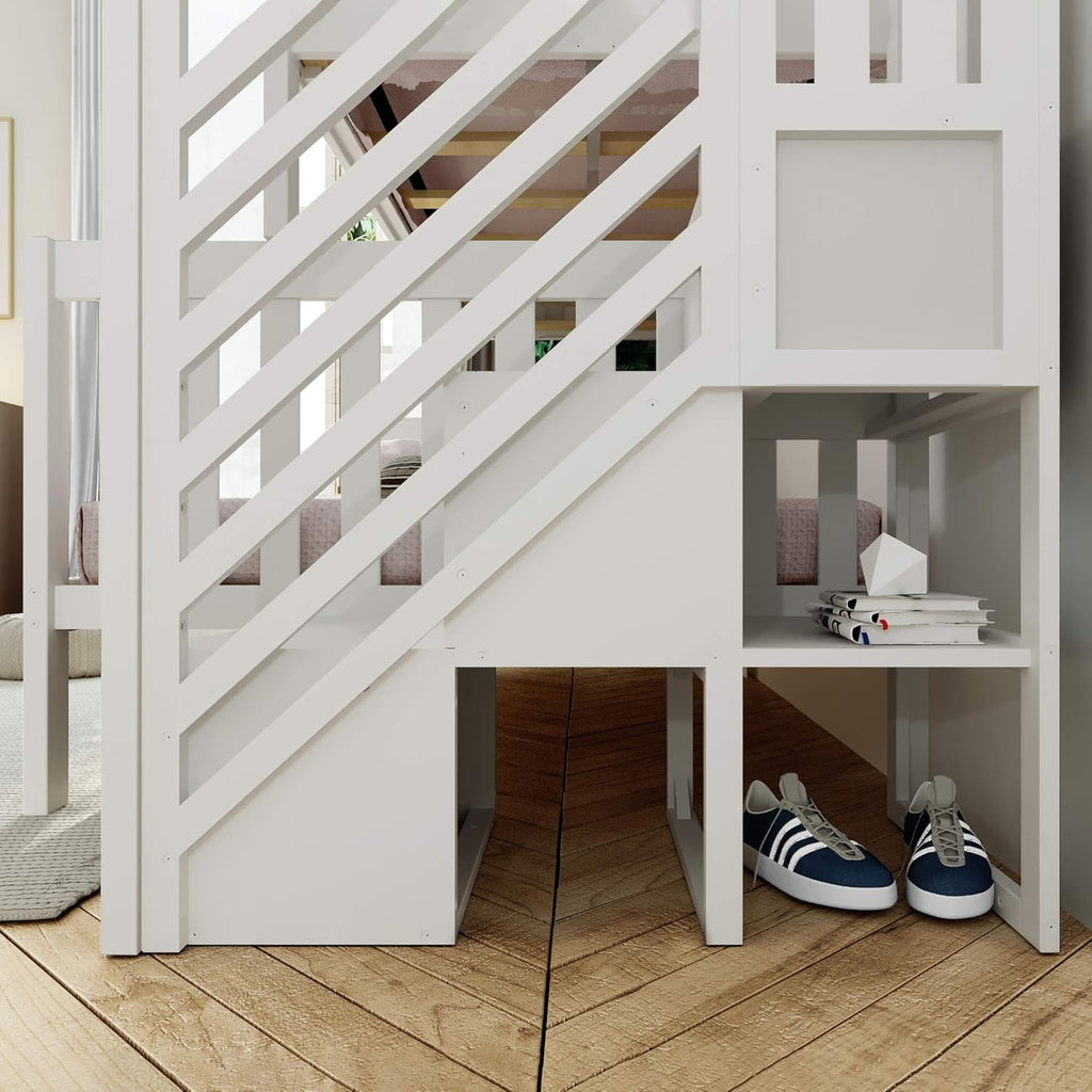 Bunk Bed, Twin-Over-Full Bed Frame For Kids With Stairs, White