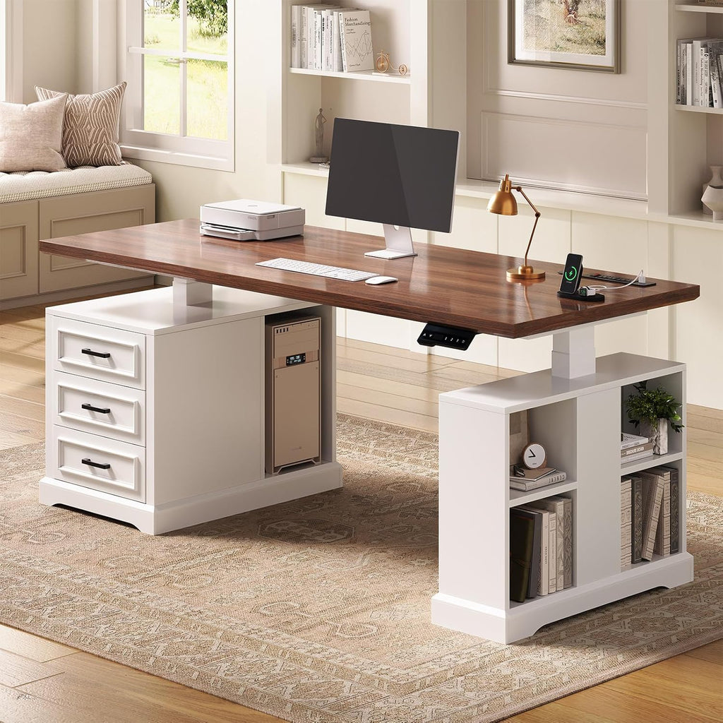 Farmhouse Electric Standing Desk, 63" Height Adjustable Computer Desk with 3 Drawers, Storage Shelves, Power Outlets