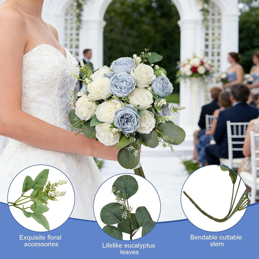 Peonies Artificial Flowers Bulk, 12 Bundles Fake Silk Peonies Faux Eucalyptus Bouquet Realistic Peony Floral