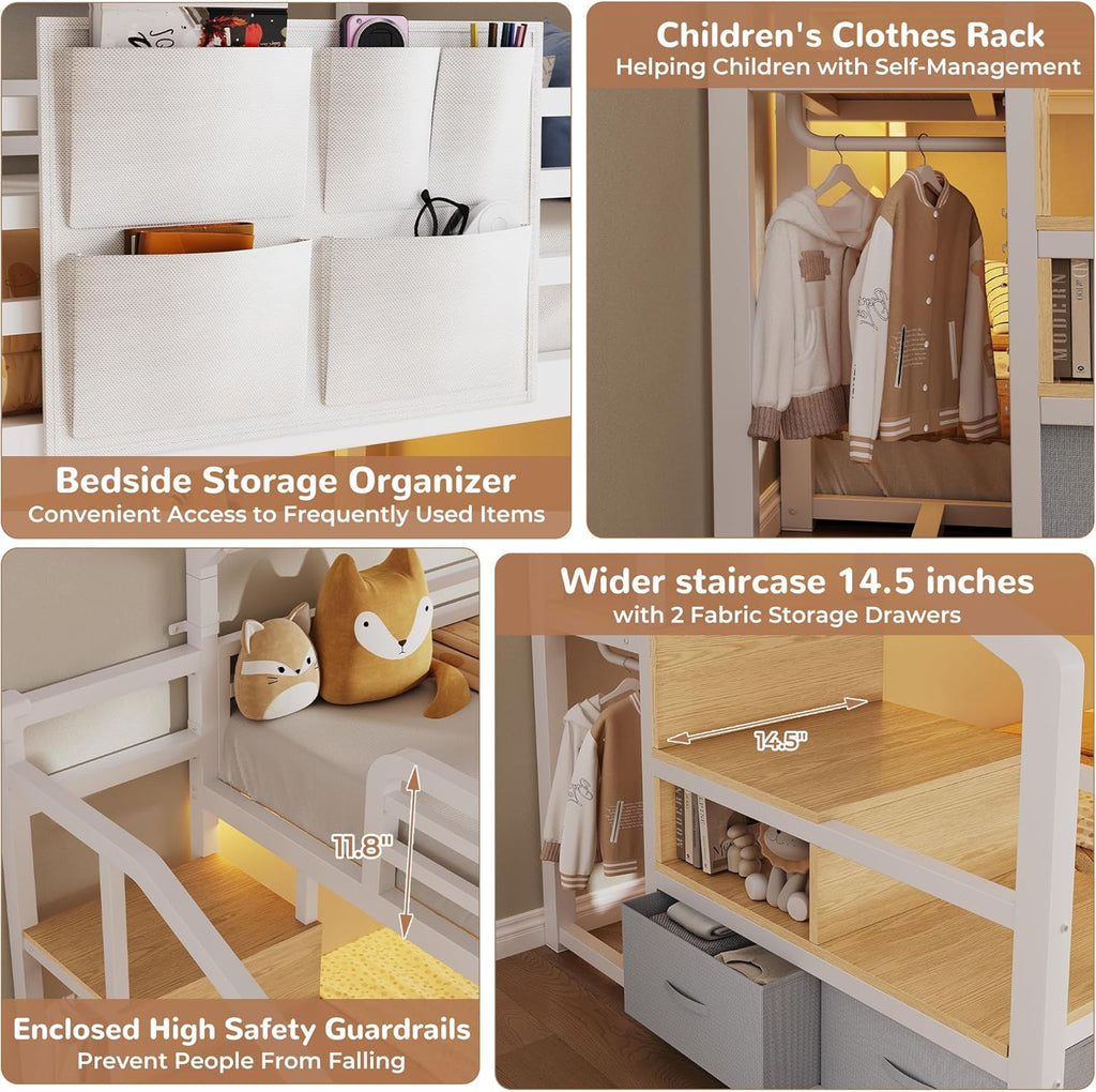 Metal Bunk Bed Twin Over Twin with Storage Staircase, Clothes Rack, LED Twin Bunk Beds for Kids with 2 Storage Drawers