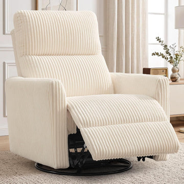360° Swivel Glider Rocker Manual Recliner, High Back Reclining Chair with Curved Armrests, Beige Corduroy Upholstered