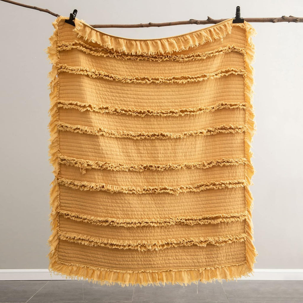 Ultra Soft Pre-Washed Warm Quilted Throw Blanket, Ruffle Fringed Yellow Boho Decorative Throw, Stone Washed Chic