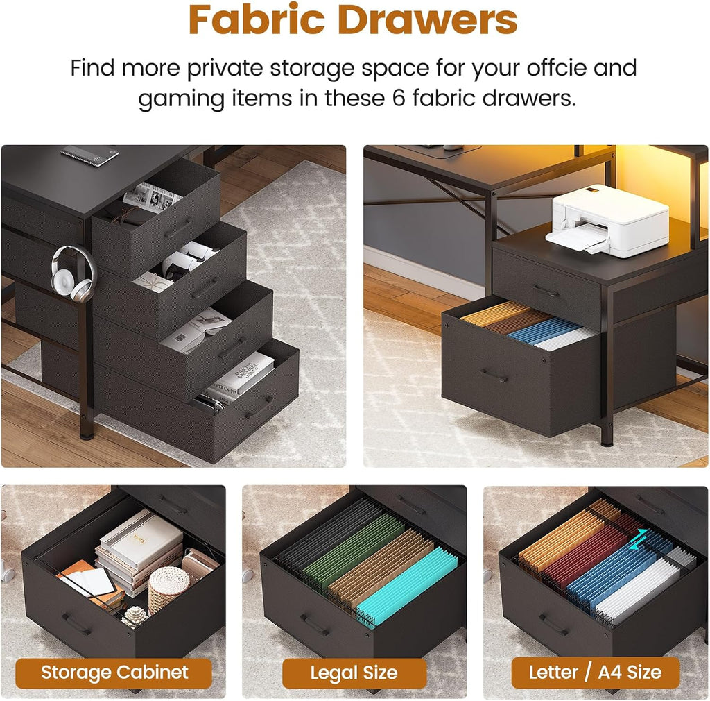 L Shaped Computer Desk with 6 Drawer, File Drawer & Power Outlet | 108" Corner Computer Desk with Monitor Shelf, File