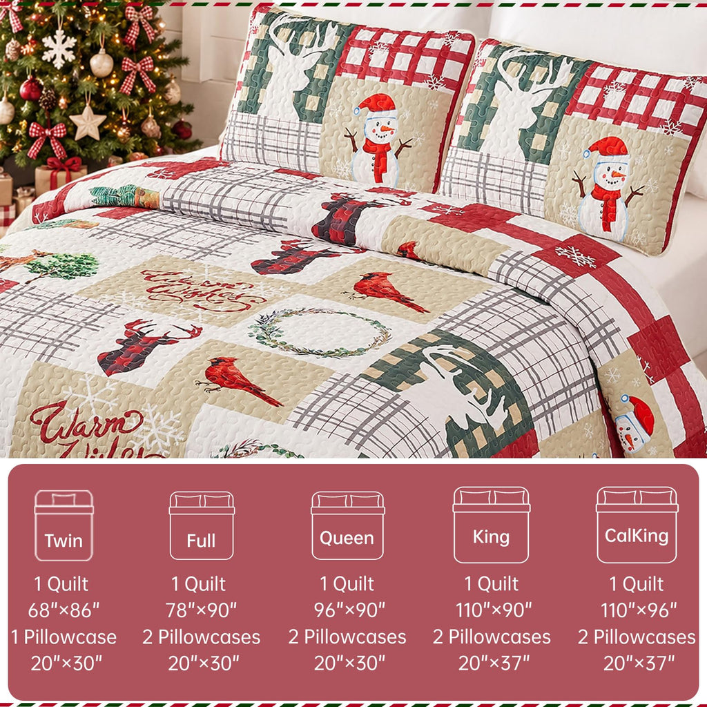 Beige Quilt Set California King, Christmas Patchwork Bedspread