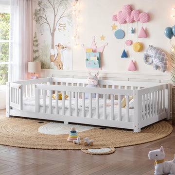 Twin Size Floor Bed Frame with Fence and Door for Kids, Montessori Floor Bed with Slats and Safety Guardrails,Solid