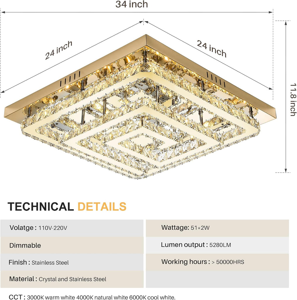 34" Modern Gold Crystal Chandelier with Remote/App Control, Dimmable Flush Mount Ceiling Light Fixture,3-Color