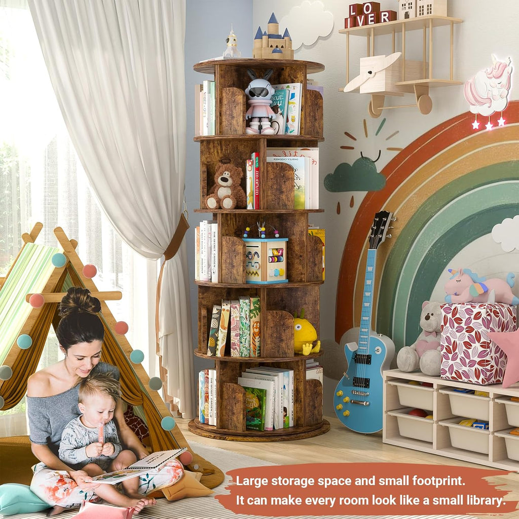 Rotating Bookshelf Tower, 5 Tier Spinning Bookcase, Revolving 360 Book Shelf Narrow Tall Bookcase