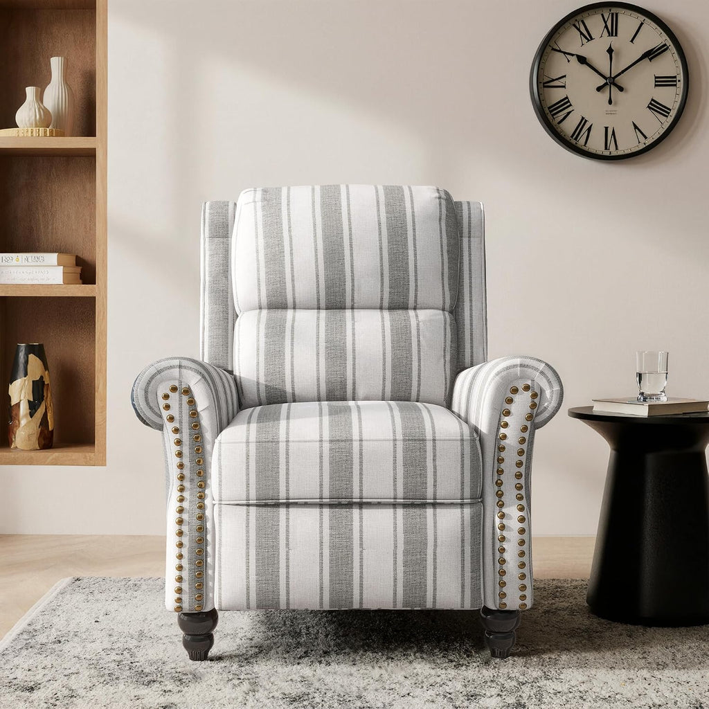 Pushback Recliner Chair, Modern Wingback Recliner, Stripe Gray | Upholstered Push Back Armchair | Comyf Fabric |