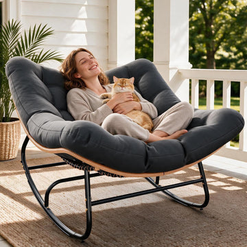 Papasan Rocking Chair Outdoor Oversized Rocker with 5" Cushion, 450 lbs Wicker Egg Recliner Chair Metal Patio Chair