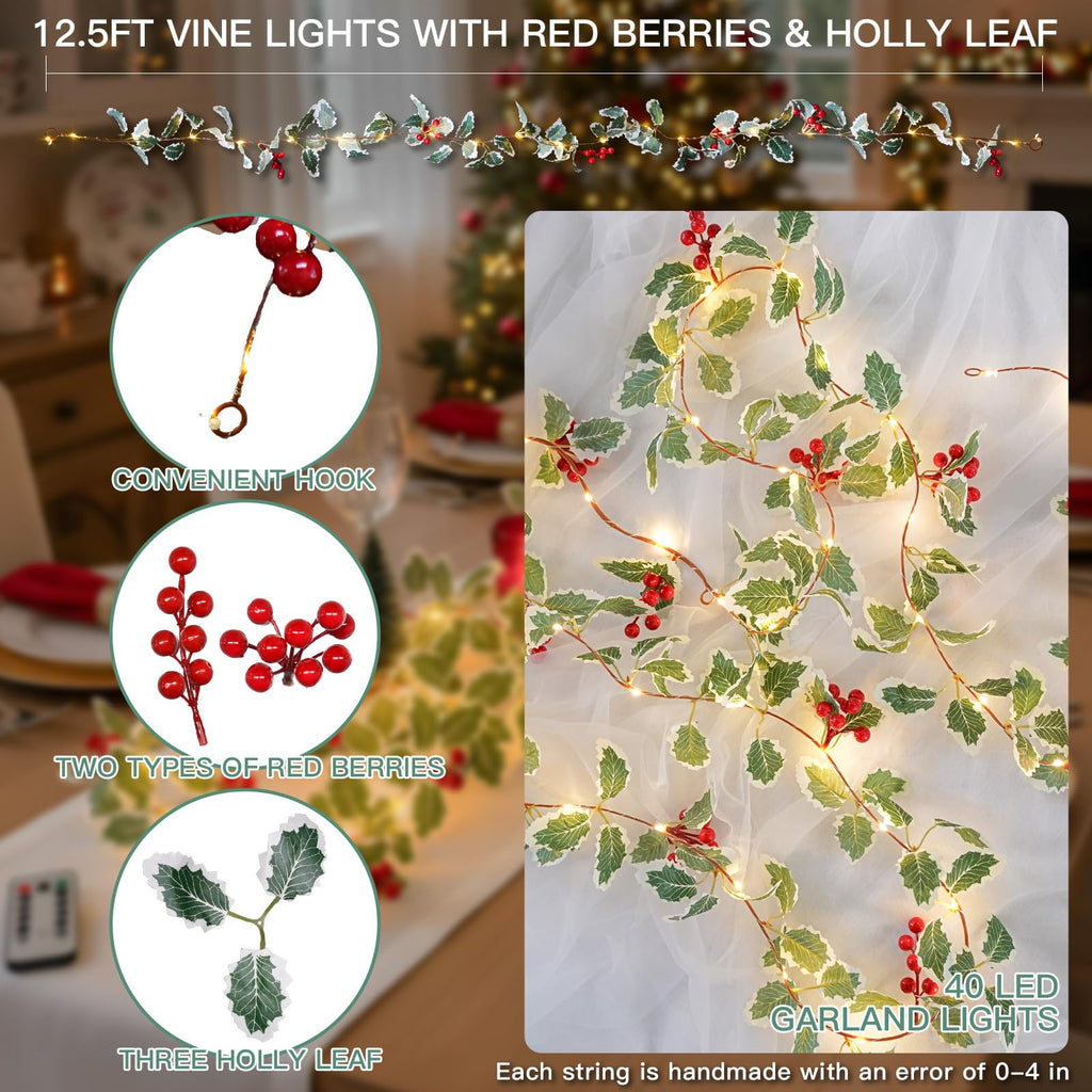 String Light with Red Berries&Holly Leaf Battery Powered Copper Wire