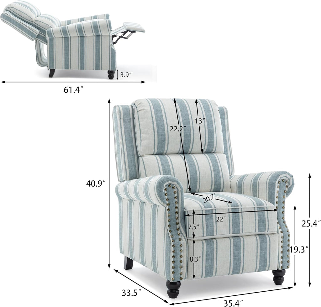 Wingback Pushback Recliner Chairs Set of 2, Blue Stripe | Comfy Fabric Armchair with Adjustable Back & Footrest