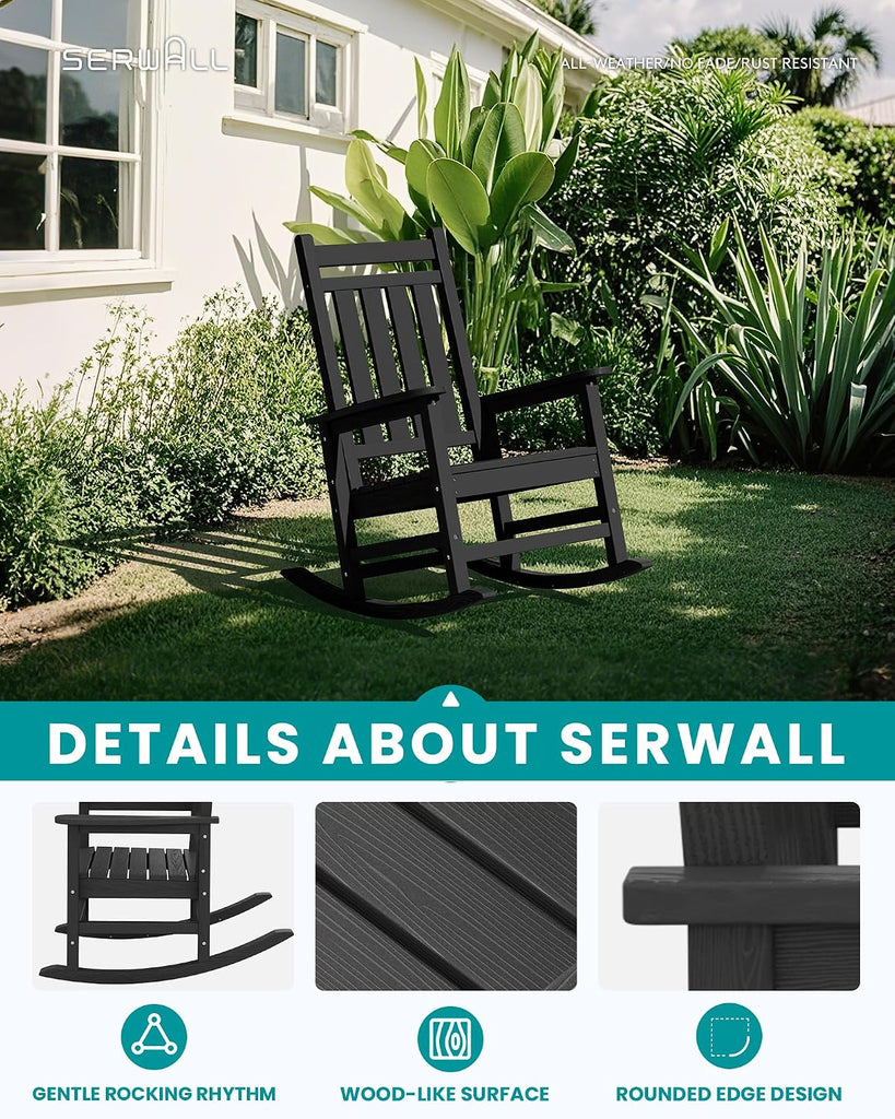 Outdoor Rocking Chair Set of 2, HDPE Rocking Chairs for Adult, Black