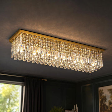 Rectangle Chandelier 8-Light Crystal Chandeliers, Modern Dining Room Light Fixture Luxury Gold Rectangular Flush