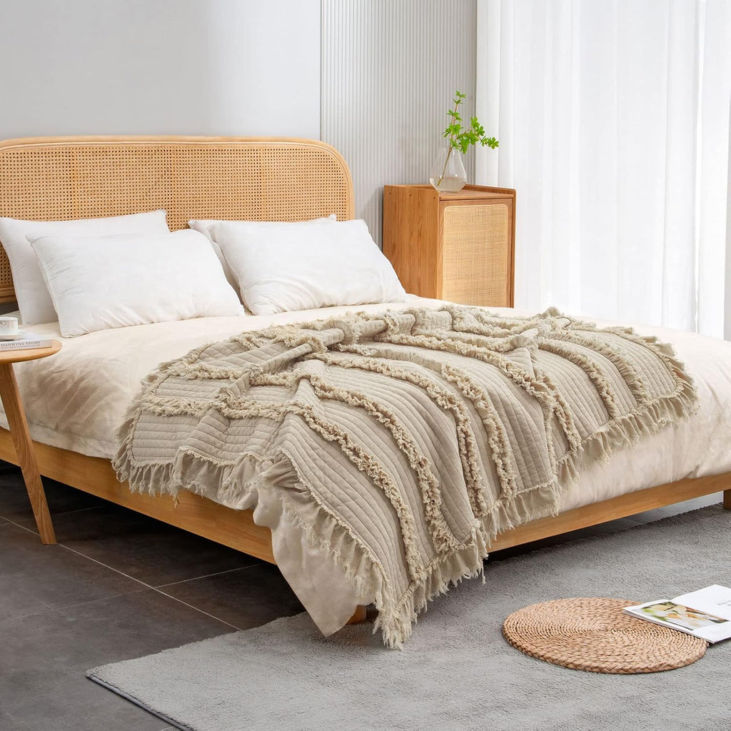 Ultra Soft Pre-Washed Quilted Boho Throw Blanket, Ruffle Fringed Beige Decorative Throw, Stone Washed Chic Rustic