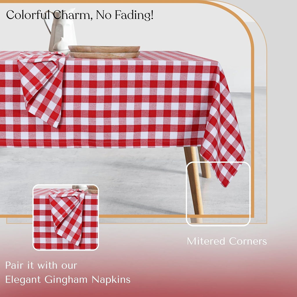 Gingham Checkered Tablecloth 60x102 Inch, 100% Cotton, Classic Check Pattern, Washable Table Cover f