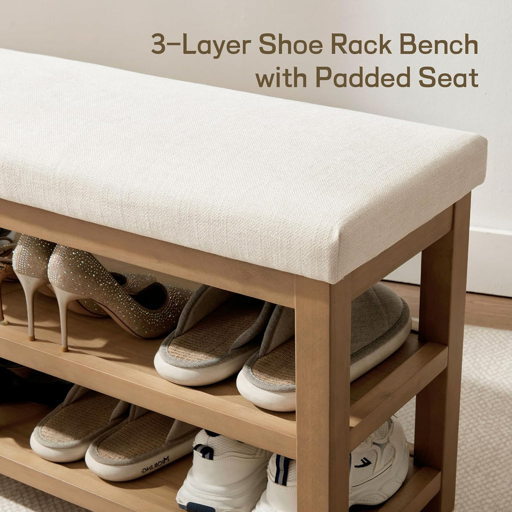 2 Tier Shoe Rack Bench with Cushion, Solid Wood Shoe Benches, Mid-Century Modern Shoe Storage Bench , Closet, Front