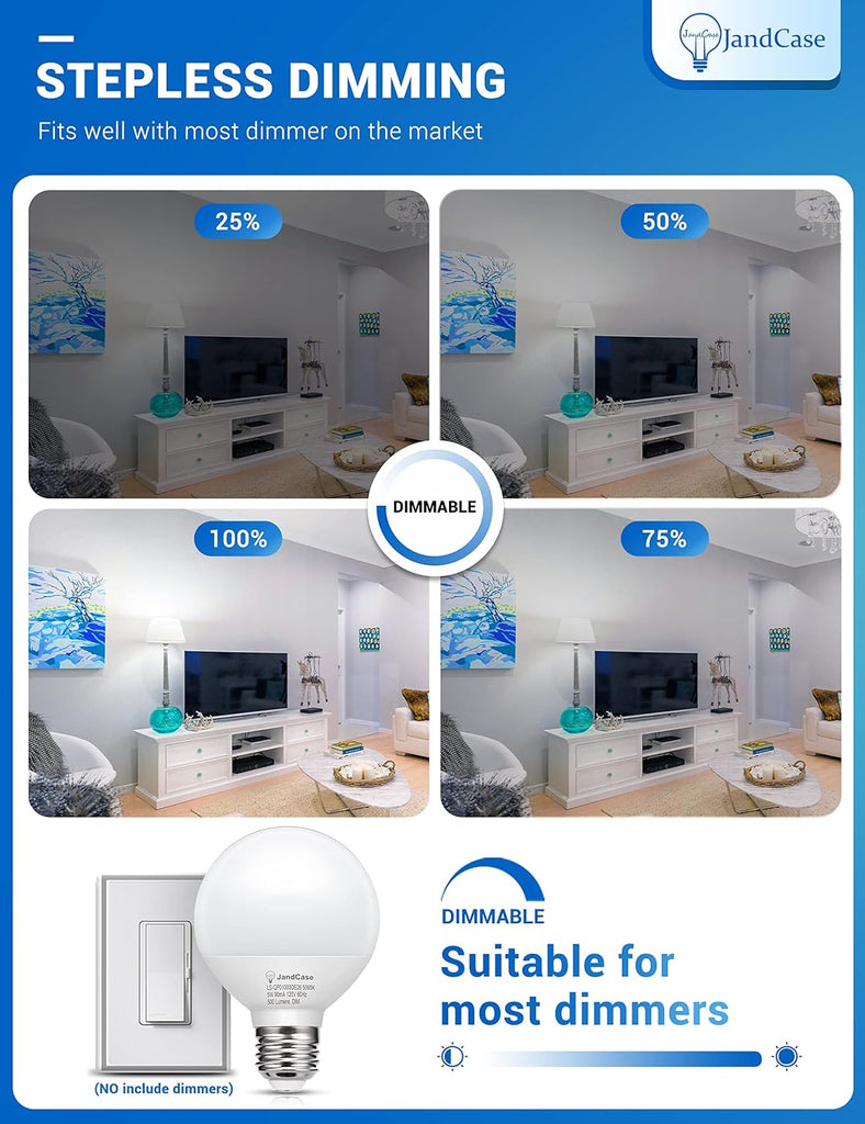 G25 LED Vanity Light Bulbs, Dimmable Globe, 5W(60W Equivalent), E26 Base, CRI 80, Daylight White 5000K, 500LM, UL - Set of 12