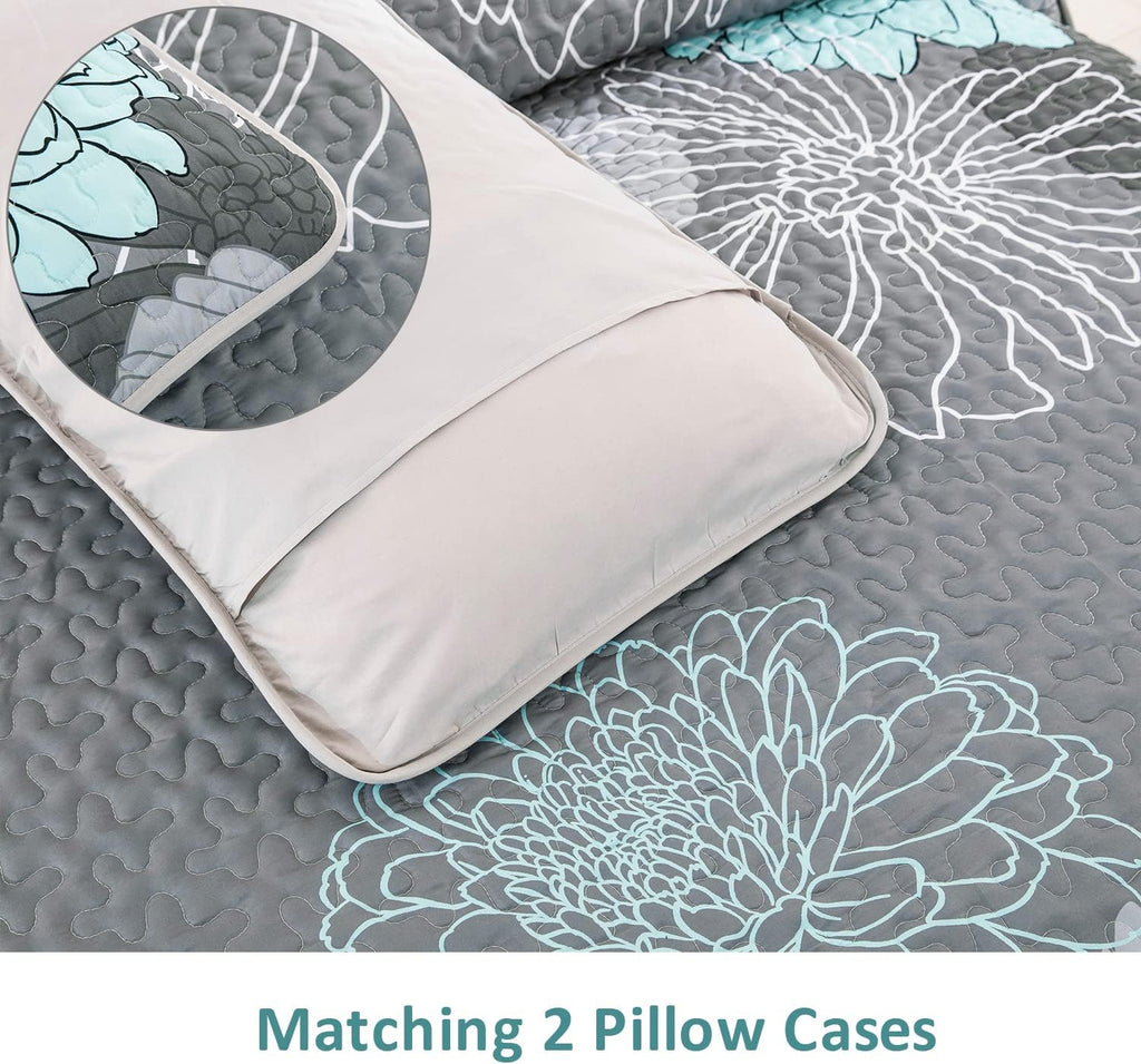 Green Floral Quilt Set - 3 Pieces Boho Flower Quilt Coverlet Elegant Bohemian Bedspread with 2 Pillowcases Soft