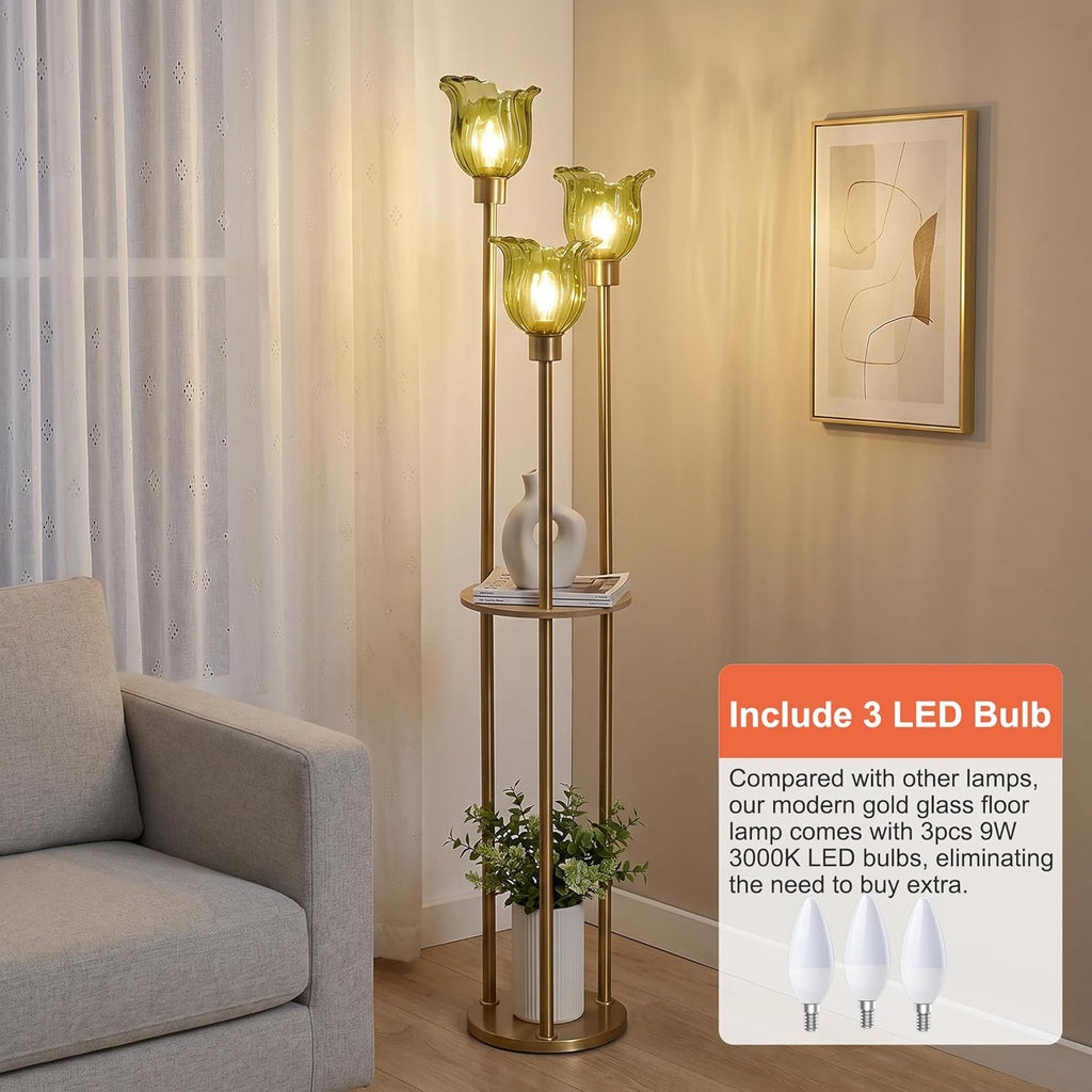 Modern Gold Floor Lamp with 3 Crystal Shades and Shelves, 3-Light Standing Lamp with Foot Switch, FWGGEEN02