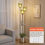 Modern Gold Floor Lamp with 3 Crystal Shades and Shelves, 3-Light Standing Lamp with Foot Switch, FWGGEEN02