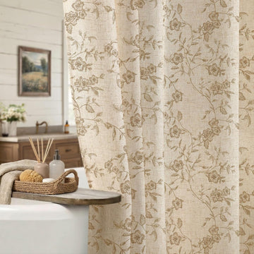 Taupe Farmhouse Linen Floral Shower Curtain, Vintage Cottage core Shower Curtains , 72 x 72