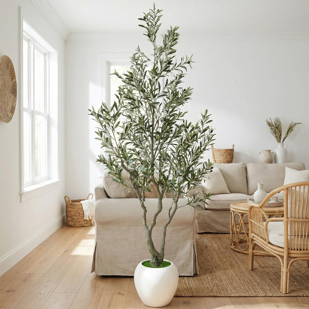 8ft Faux Olive Tree Artificial Indoor, Fake Olive Tree with Pot, Large Olive Branches and Lifelike Fruits, House Living