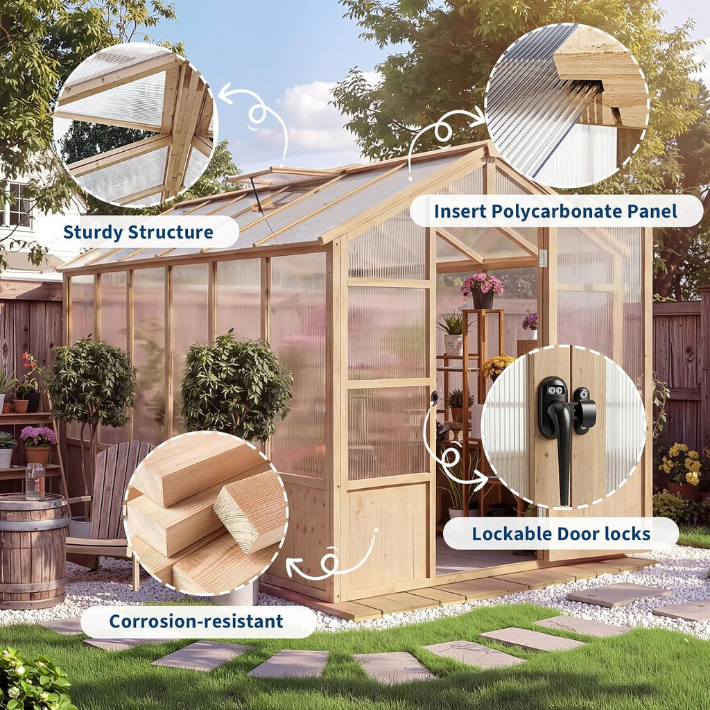Heavy Duty Walk-in Wooden Greenhouse Kit, 4mm Polycarbonate Panels Green House with Adjustable Vents and Lockable
