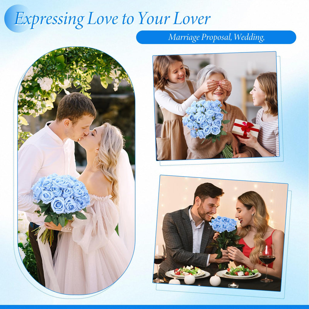 40 Pcs Artificial Roses Bulk, Long Stem Fake Flowers, Light Blue