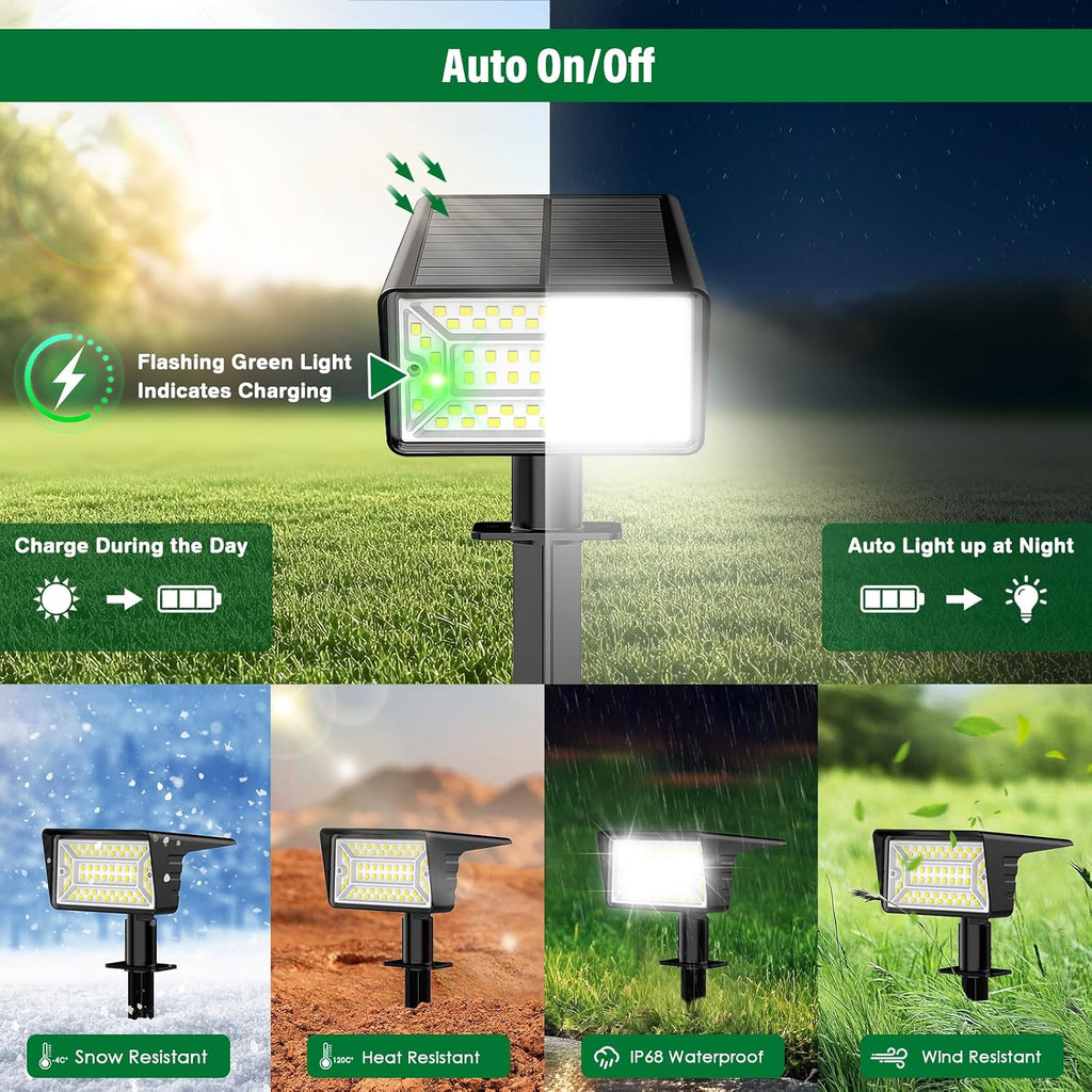 Spot Lights Outdoor with 60 LED & Auto On/Off, 4 Pack Solar Lights Outdoor Waterproof IP68 with 3 Lighting Modes
