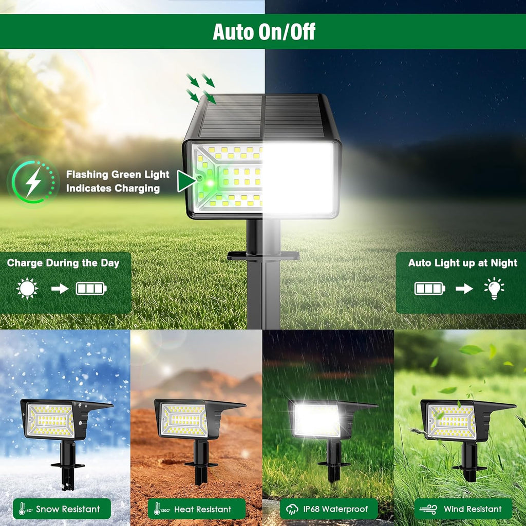 Solar Spot Lights Outdoor with 60 LED & Auto On/Off, 4 Pack Solar Lights Outdoor Waterproof IP68 with 3 Lighting