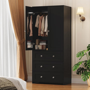 71" Tall Armoire Wardrobe Closet with Drawers and Mirror | Clothing Storage Cabinet with Hanging Rod, 2 Doors Wooden