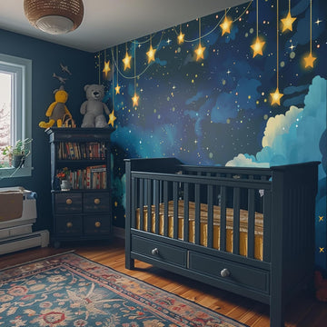 Starry Sky Peel and Stick Wallpaper Mural, Night Celestial Blue | Seamless edge-to-edge match for easy DIY. Starry