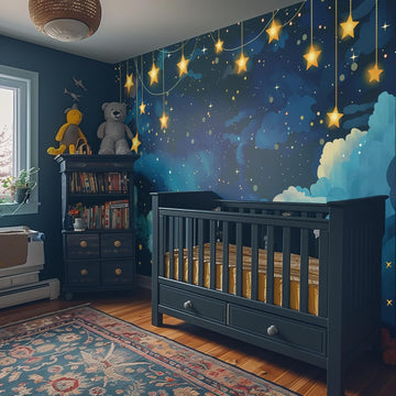 Starry Sky Peel and Stick Wallpaper Mural, Night Celestial Blue | Seamless edge-to-edge match for easy DIY. Starry