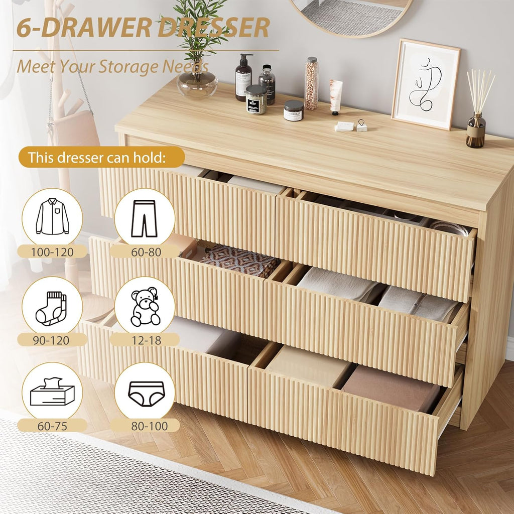 6 Drawer Fluted Dresser, Modern Chest of Drawers with Hidden Handles, Wood Storage Organizer Cabinet , Natural Oak