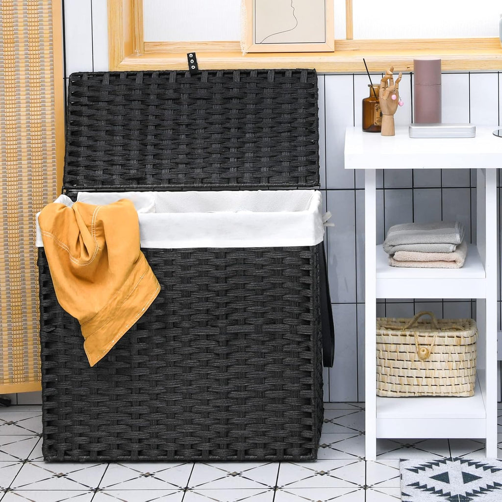 Laundry Hamper with Wheels and Lid, 125L Rattan Clothes Hamper with 2 Removable Liner Bags & Handle, 3-Section