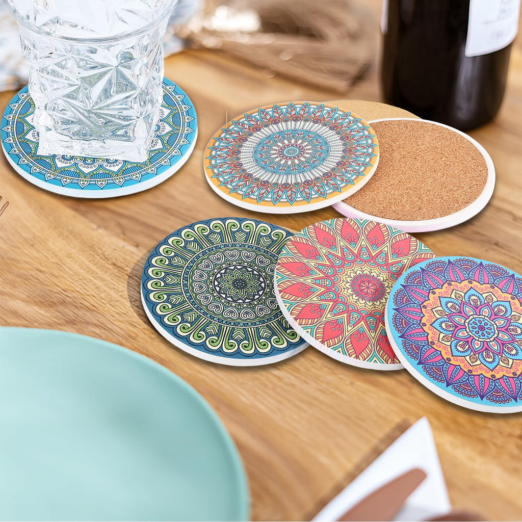 Mandala Coasters for Drinks with Holder Set of 6, Boho Mandala Ceramic Coaster Absorbent for Cup Office Desk Table