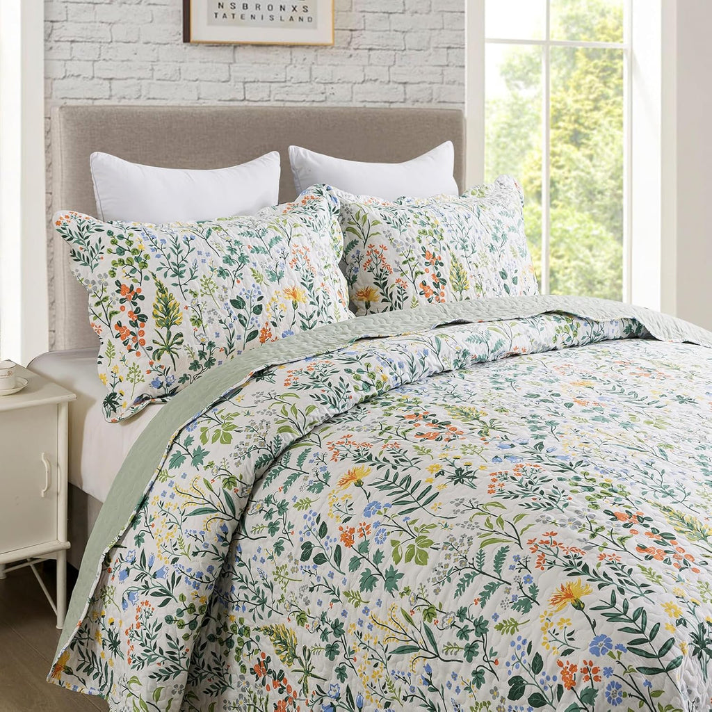 3-Piece Quilt Set Quilted Bedspread Lightweight Coverlet Set Garden Style Floral Printed Oversized Quilted Bedding