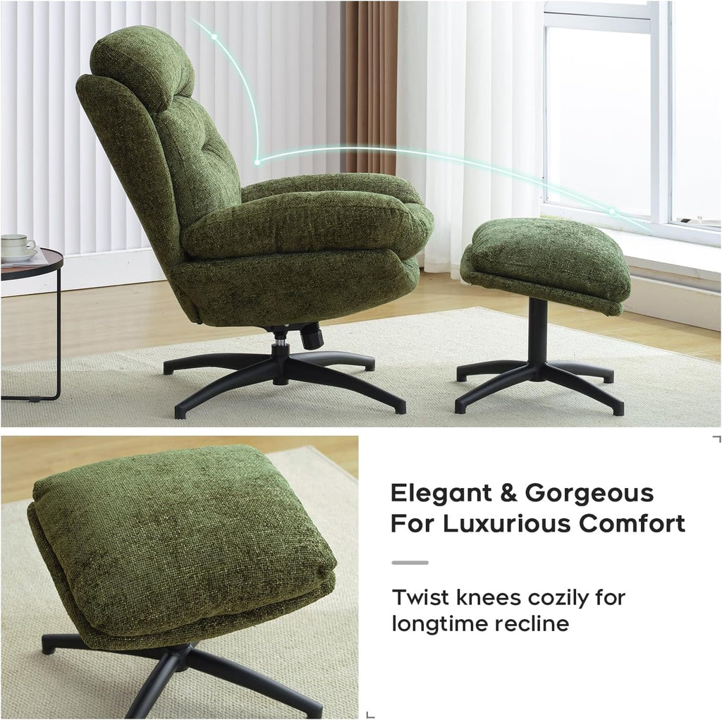 Modern Reading Chair and Ottoman — Green Chenille