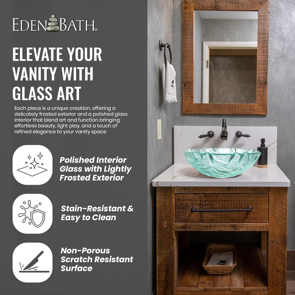 Eden Bath Clear Free-Form Wave Rim Round Glass Sink Bowl Bathroom Vessel Sink for Vanity Top