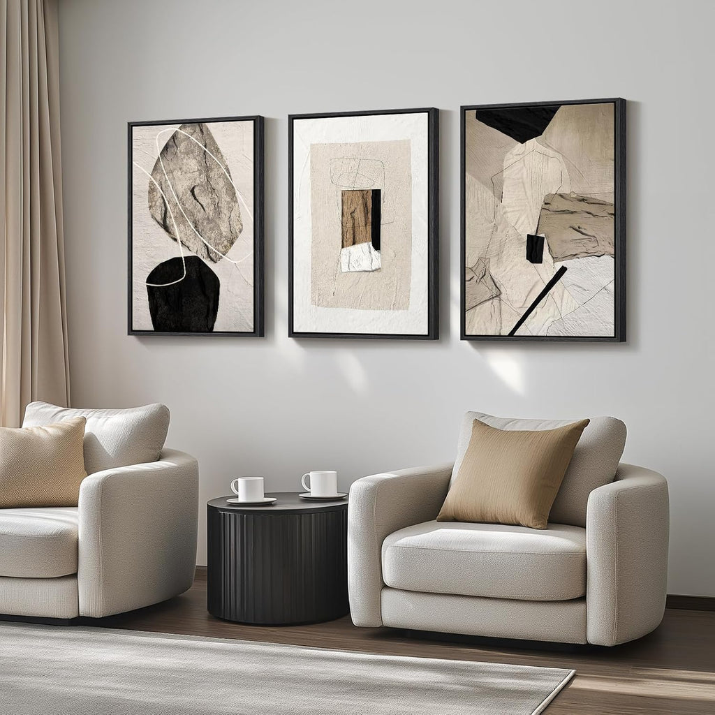 Large Framed Neutral Abstract Wall Art, 3 Piece Modern Canvas Prints Paintings Artwork for Walls, Minimalist Black